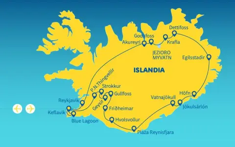 Mapa Islandii z trasą turystyczną "Złoty Krąg" i innymi atrakcjami, w tym wodospadami i gejzerami.