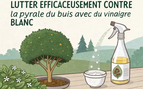 Lutter efficacemente contre la pyrale du buis avec du vinaigre blanc. Un buis sain, un pulvérisateur et un bol sont représentés.