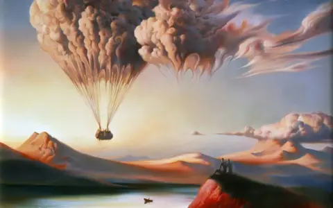 Un ballon en forme de cœur s'élève au-dessus d'un paysage onirique, évoquant le symbolisme du voyage et de l'amour. Deux silhouettes contemplent la scène.