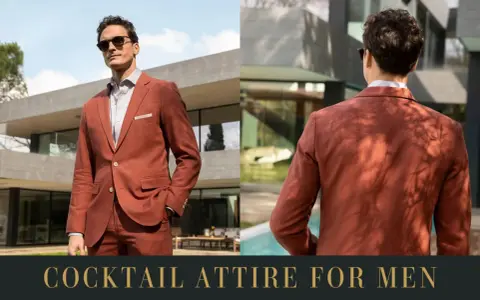 A man models a rust-colored suit, perfect for cocktail attire. The image showcases the suit from the front and back, highlighting its stylish design.
