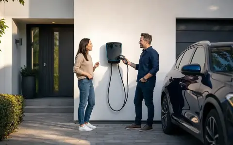Ein Paar spricht vor einer Wallbox, die an der Hauswand montiert ist. Sie überlegen, welche Wallbox Kosten für sie am besten sind.