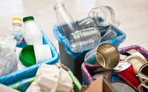 Segregacja odpadów: szklane słoiki, plastikowe butelki i puszki czekają na wywóz śmieci.