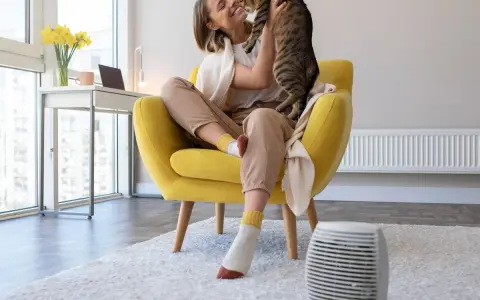 Mujer feliz abraza a su gato en un sillón amarillo, con un calefactor portátil cerca, la mejor forma de calentar una casa.