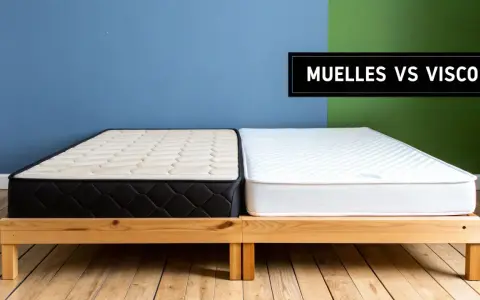 Dos colchones, uno de muelles ensacados y otro viscoelástico, sobre una base de madera. Comparativa muelles vs visco.