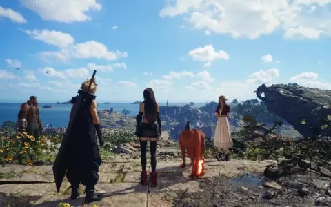Cloud, Tifa, Aerith y Red XIII contemplan un paisaje costero. Un vistazo a la aventura de FF7 Rebirth.