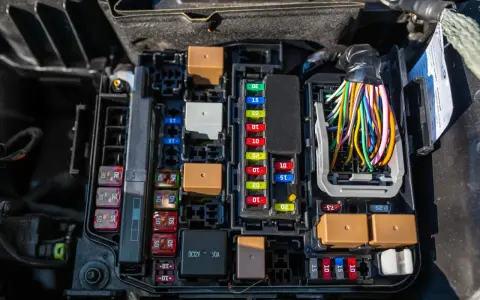 Caja de fusibles de coche con varios fusibles de diferentes amperajes y colores, relés marrones y un mazo de cables de colores.