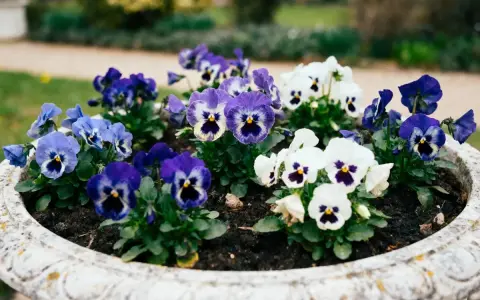 Un pot de pensées aux couleurs vives, bleues, violettes et blanches, semble refléter combien de pensées dans une jardinière peuvent égayer un jardin.
