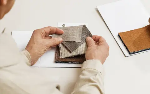 Hands examine fabric swatches, selecting the perfect butterfly lining for a project.