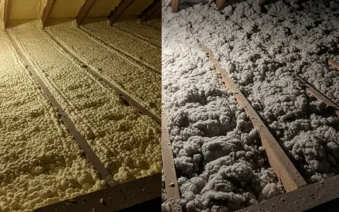 Dwa rodzaje ocieplenia poddasza: po lewej piana PUR, po prawej wełna mineralna.