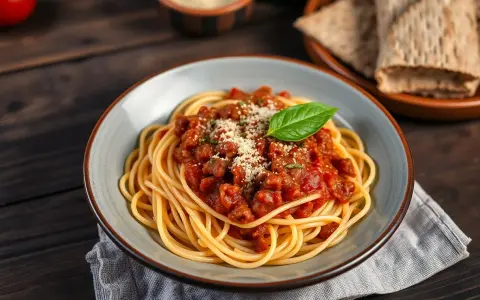 Pyszne spaghetti bolognese, przygotowane według oryginalnego przepisu, z bogatym sosem mięsnym i listkiem bazylii.