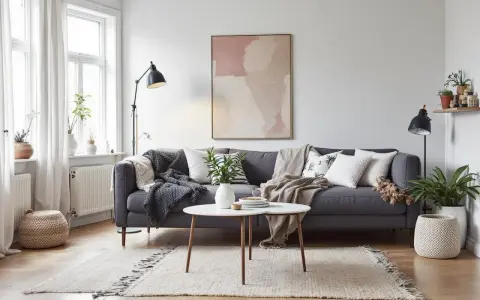 En grå soffa med många kuddar och filtar, ett runt soffbord och en matta skapar en mysig bohemisk inredning.