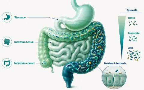 Illustrazione del sistema digestivo con batteri. I probiotici a cosa servono? Aumentano la diversità batterica intestinale, rafforzando la barriera.