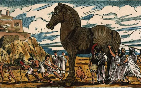 Menschen ziehen ein riesiges hölzernes Pferd in Richtung einer Stadt. Die trojanisches pferd geschichte beginnt hier.