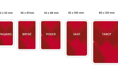 Różne rozmiary kart do gry: Pasjans (42x63mm), Brydż (56x87mm), Poker (63x88mm), Skat (62x100mm), Tarot (80x120mm).