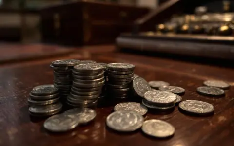 Piles de pièces en argent sur une table en bois. La valeur pièce 100 francs argent est visible sur certaines.