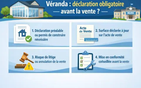 Véranda : déclaration obligatoire avant la vente. Étapes : permis, surface à jour, éviter litiges, mise en conformité.