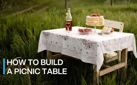 A picnic table set for a sweet treat in a grassy field. Learn how to build a picnic table for your own outdoor gatherings.