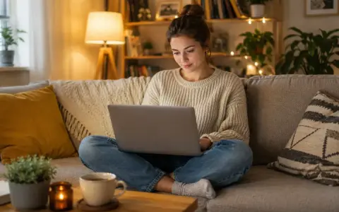 Młoda kobieta siedzi na kanapie z laptopem, korzystając z biblioteki online dla studentów.