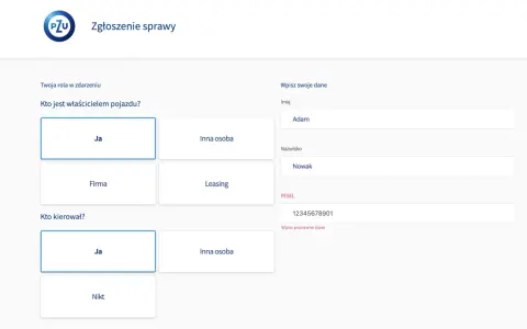 Formularz PZU zgłoszenie sprzedaży. Użytkownik Adam Nowak wypełnia dane dotyczące zdarzenia i właściciela pojazdu.