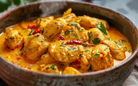 En krämig kyckling curry gryta med bitar av kyckling, chili och persilja i en rustik skål.