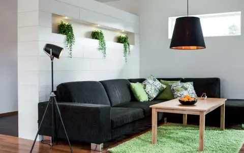 Ett modernt vardagsrum med mörk soffa, gröna kuddar och en träbord. Ljus och rum skapar en inbjudande atmosfär med växter i en nisch.