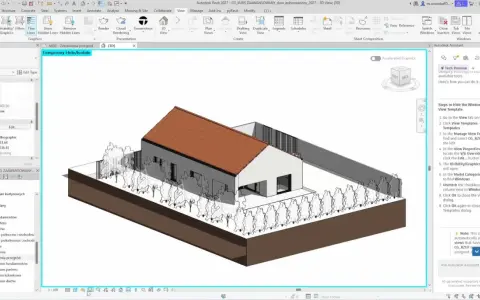 Projekt domu w programie Revit, widok 3D. Na ekranie widać okno programu, panel właściwości i przeglądarkę projektu. To zaawansowane narzędzie do projektowania, podobne do AutoCAD na MacBooku.