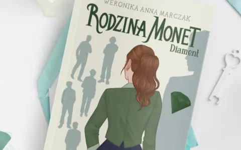Okładka książki "Rodzina Monet. Diament" z sylwetkami postaci i zielonym klejnotem.