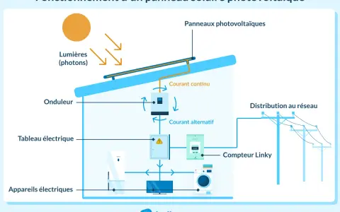 Schéma de la chaîne énergétique d'une centrale photovoltaïque : le soleil alimente les panneaux, l'onduleur convertit le courant, puis il est distribué aux appareils et au réseau.