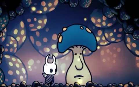 El Caballero se encuentra con el señor seta en un bosque bioluminiscente de Hollow Knight.