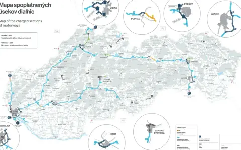 Mapa spoplatnených úsekov diaľnic na Slovensku s vyznačenými mestami a cestami.