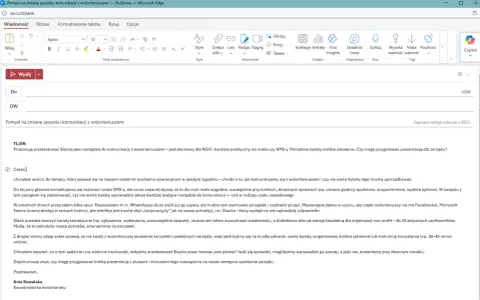 E-mail z propozycją przetestowania Slacka jako narzędzia komunikacji z wolontariuszami. Jak napisać maila w sprawie pracy bez ogłoszenia, gdy szukamy nowych rozwiązań.
