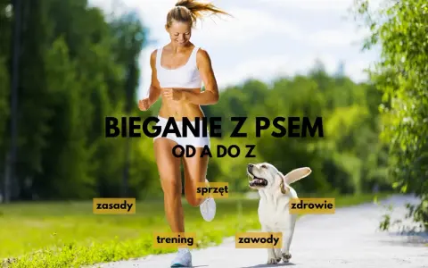 Szczęśliwa kobieta i jej pies biegają po parku. Napis "Bieganie z psem od A do Z" sugeruje kompleksowy przewodnik po tej aktywności.