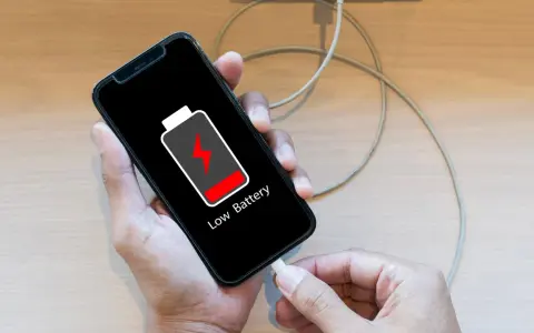 En person kopplar in sin mobil för att ladda mobilen på natten. Batteriikonen visar låg nivå.