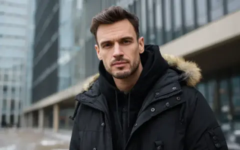 Mężczyzna w czarnej, ocieplanej kurtce zimowej z kapturem i futrzanym obszyciem, idealna odpowiedź na pytanie: jaka kurtka na zimę.