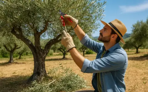 Un homme au chapeau de paille s'applique à tailler un olivier d'ornement, sous un ciel bleu d'été.