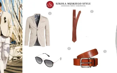 Eleganckie stylizacje z białymi spodniami: beżowa marynarka, brązowy krawat, pasek i okulary tworzą letni look.