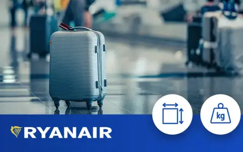 Walizka na lotnisku, ikony wymiarów i wagi. Dowiedz się, jak mierzyć bagaż rejestrowany Ryanair.