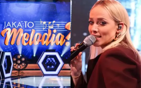 Ola Radwan śpiewa w programie "Jaka to melodia?". Na scenie widać neonowe dekoracje i logo programu.