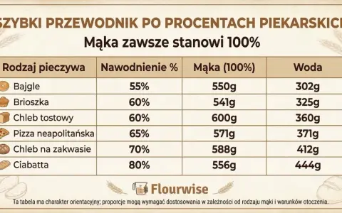Tabela pokazuje, ile zakwasu na kilogram mąki potrzeba do wypieku bajgli, brioszek, chleba tostowego, pizzy neapolitańskiej, chleba na zakwasie i ciabatty.