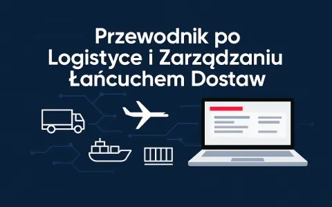 Grafika przedstawia ikonki ciężarówki, samolotu, statku, kontenera i laptopa, symbolizujące spedycję i logistykę.
