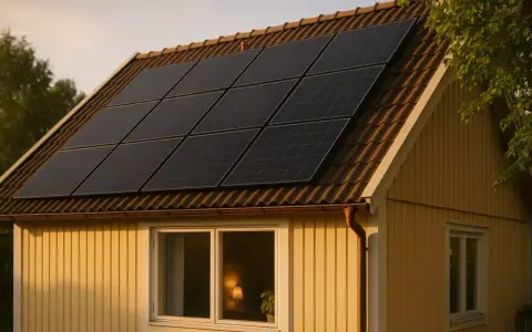 Solpaneler på ett gult trähus. Taket har en minsta lutning för optimal solinstrålning.