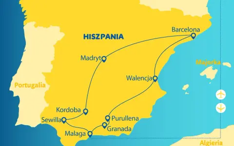 Mapa turystyczna Hiszpanii z zaznaczonymi miastami: Madryt, Barcelona, Walencja, Majorka, Sewilla, Kordoba, Malaga, Grenada.
