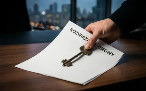 Klucz do wolności. Dokument "Rozwiązanie umowy" i klucz symbolizują, jak odejść z pracy z dnia na dzień, otwierając nowe drzwi.