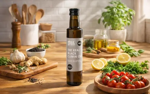Olej z czarnuszki jak stosować? Butelka oleju z czarnuszki na blacie kuchennym, obok czosnku, imbiru, cytryny i pomidorków.