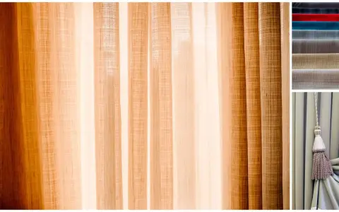 Drapés de lin aux tons chauds, parfaits pour coudre un rideau. Échantillons de tissus et pompon décoratif.