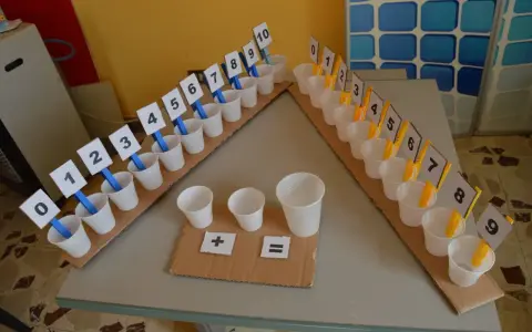 Una linea dei numeri da costruire con bicchierini e cartellini numerati da 0 a 10. Simboli matematici per esercizi.