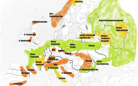 Mapa Europy z zaznaczonymi pasmami górskimi, nizinami i wyżynami. Kolory wskazują różne typy ukształtowania terenu.