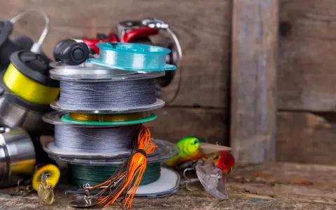 Stos szpul z żyłką i plecionką na spinning, obok kolorowe przynęty. Wybór między żyłką czy plecionką na spinning zależy od łowiska.