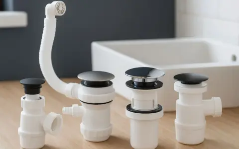 Ensemble de bondes de silicone pour évier, avec tuyau de vidange flexible et bouchons noirs et chromés.