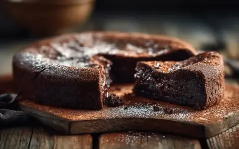 Un délicieux cake au chocolat, saupoudré de sucre glace, est servi sur une planche en bois rustique. Une part est coupée, révélant sa texture moelleuse.